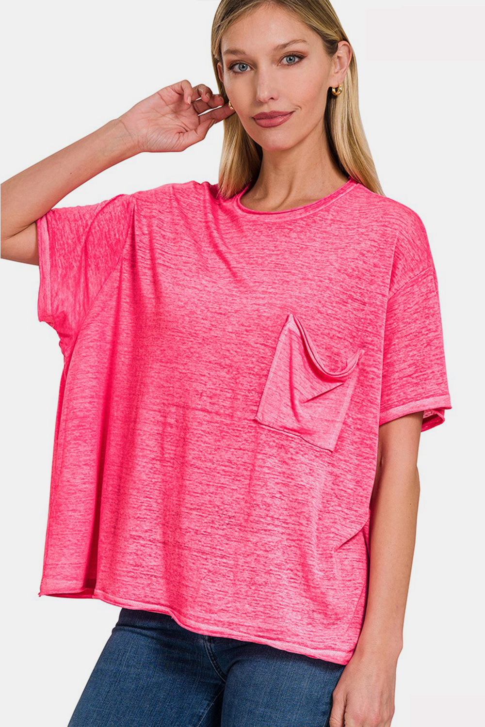 Pocketed Round Neck Dropped Shoulder T-Shirt
