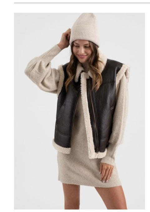 Faux leather shearling vest