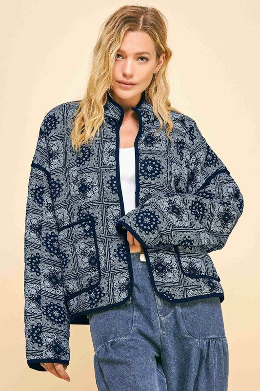 Vintage Print Open Front Jacket with Pockets [BLACK]