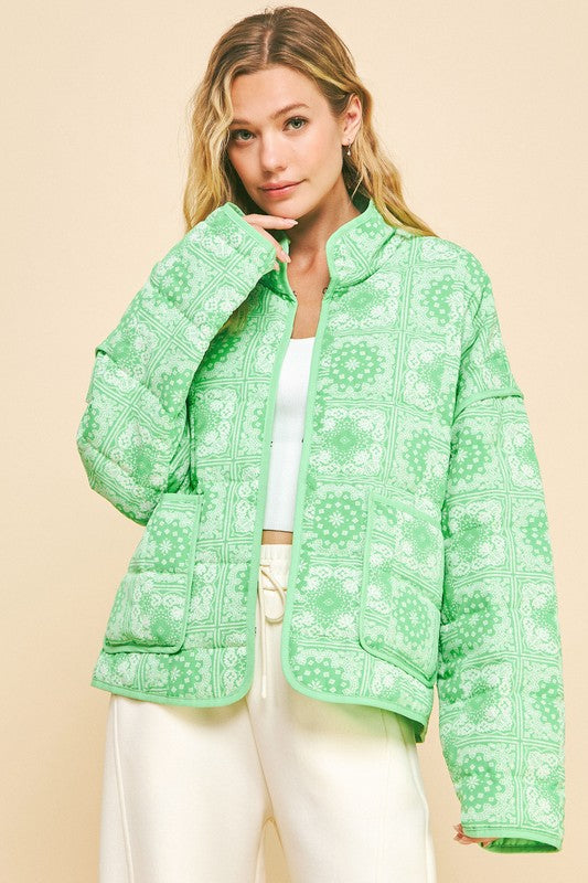 Vintage Print Open Front Jacket with Pockets [NEON GREEN]