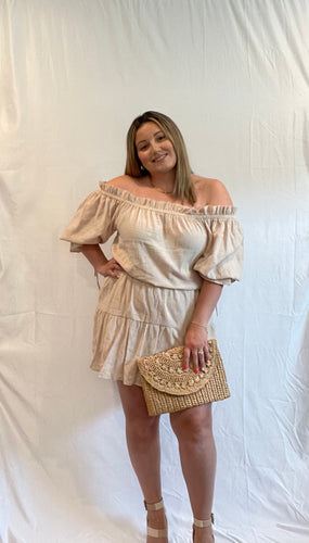 This cotton off the shoulder dress is a great vacation piece! Or after a long day at the beach and you need to run to dinner! It is 100% cotton making it very light weight and comfortable. The elastic waist is so flattering and you can raise it higher or lower to sit at your smallest part of your waist! Great length and the tie sleeve is a great addition.