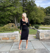 Load image into Gallery viewer, This midi dress is a show stopper! The perfect fall/winter event dress! Pair it with your favorite heel and accessory and you are ready to go! The ribbed material make this dress VERY flattering! The bra part is cinched perfectly and can be adjusted! This is the best dress to have in your closet!
