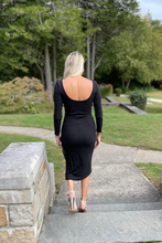 Load image into Gallery viewer, This midi dress is a show stopper! The perfect fall/winter event dress! Pair it with your favorite heel and accessory and you are ready to go! The ribbed material make this dress VERY flattering! The bra part is cinched perfectly and can be adjusted! This is the best dress to have in your closet!
